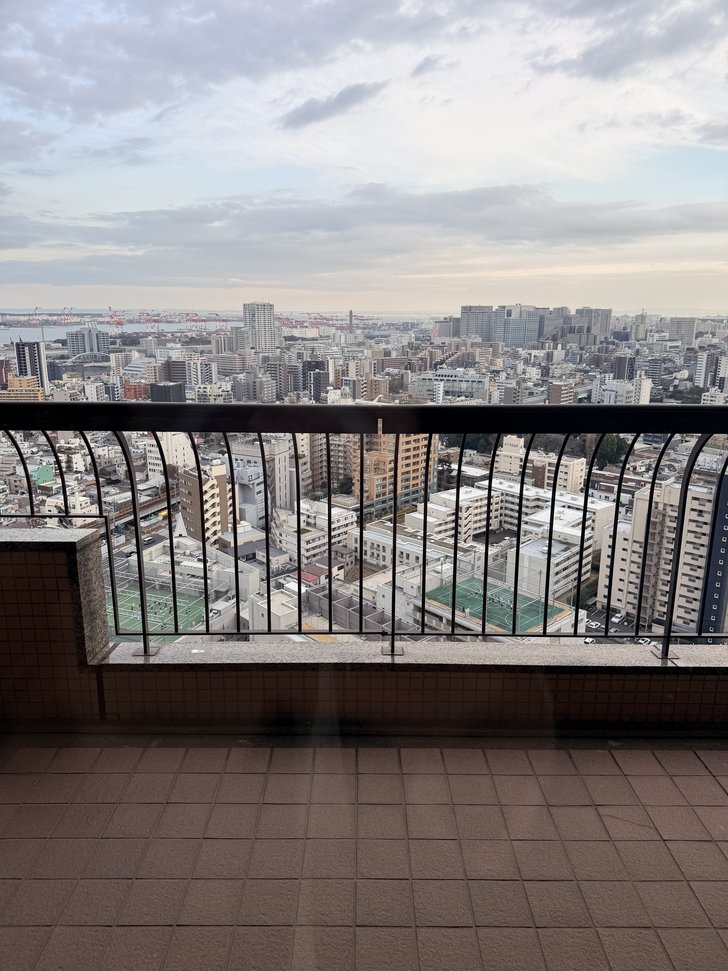 バルコニー越しの都市風景と曇り空