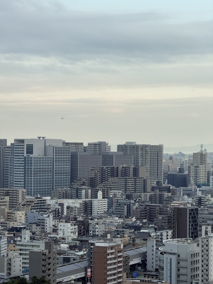 高層ビル群と曇り空、遠くに小さな飛行機